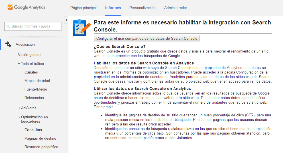 configurar uso compartido datos search console