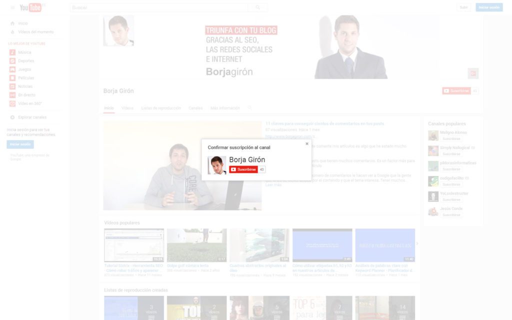 pop-up suscripción Youtube