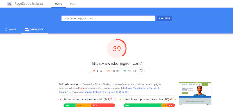 ejemplo pagespeed sin cache